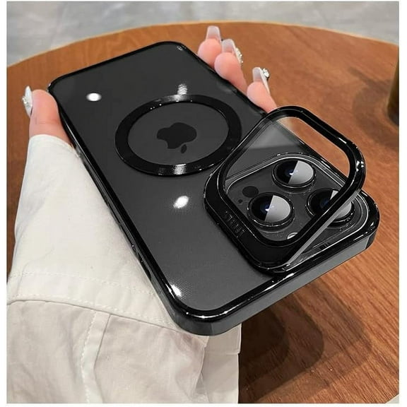 for iPhone 14 Pro Max Case Magnetic Clear with Camera Cover [Compatible with MagSafe] Stand Hard Luxury Plating Phone Cases for iPhone 14 Pro Max for Women Men -Black