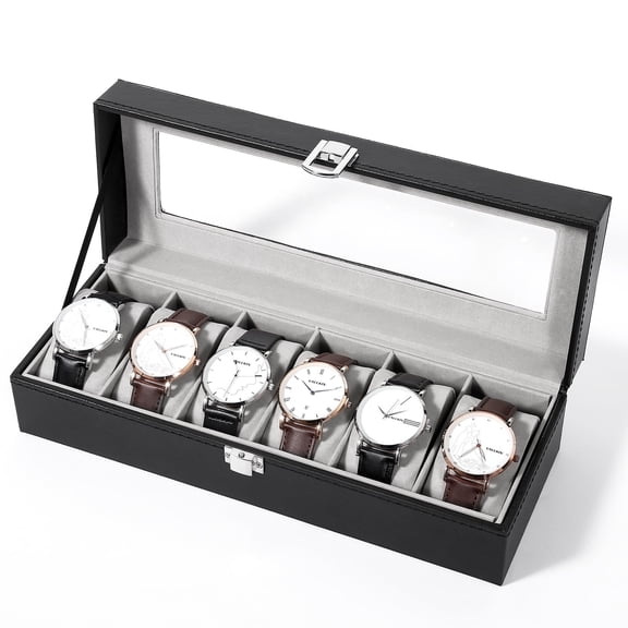 Uten 6-Slot PU Leather Watch Box, Luxury Display Case with Glass Top & Soft Lining, Ideal Gift for Men , Black