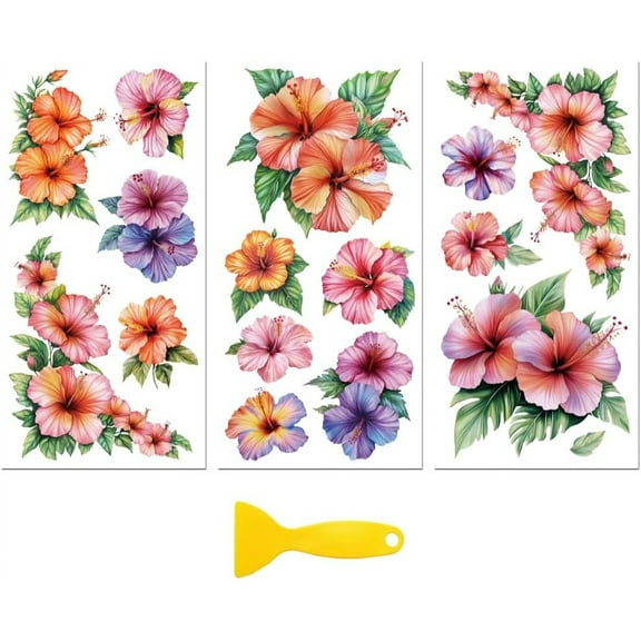Rub on Transfer Decal Sticker DIY for Furniture Craft Decor 6"x12" Colorful Hibiscus Flowers 3Pcs Waterproof UV DTF Transfer DIY for Drawer Dresser Glass Porcelain Wood Plastic Window