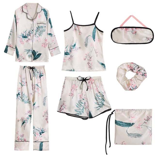 Conjunto de s de para mujer de 7 piezas Cami Top Banda para el cabello para los ojos Ropa de dormir Trajes Hugo Pijamas sedosos para mujer