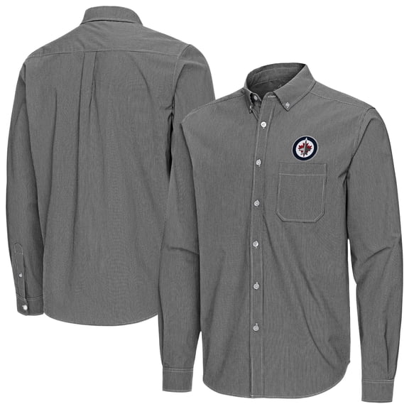 Men's Antigua Black Winnipeg Jets Porter Woven Tri-Blend Long Sleeve Button-Down Shirt