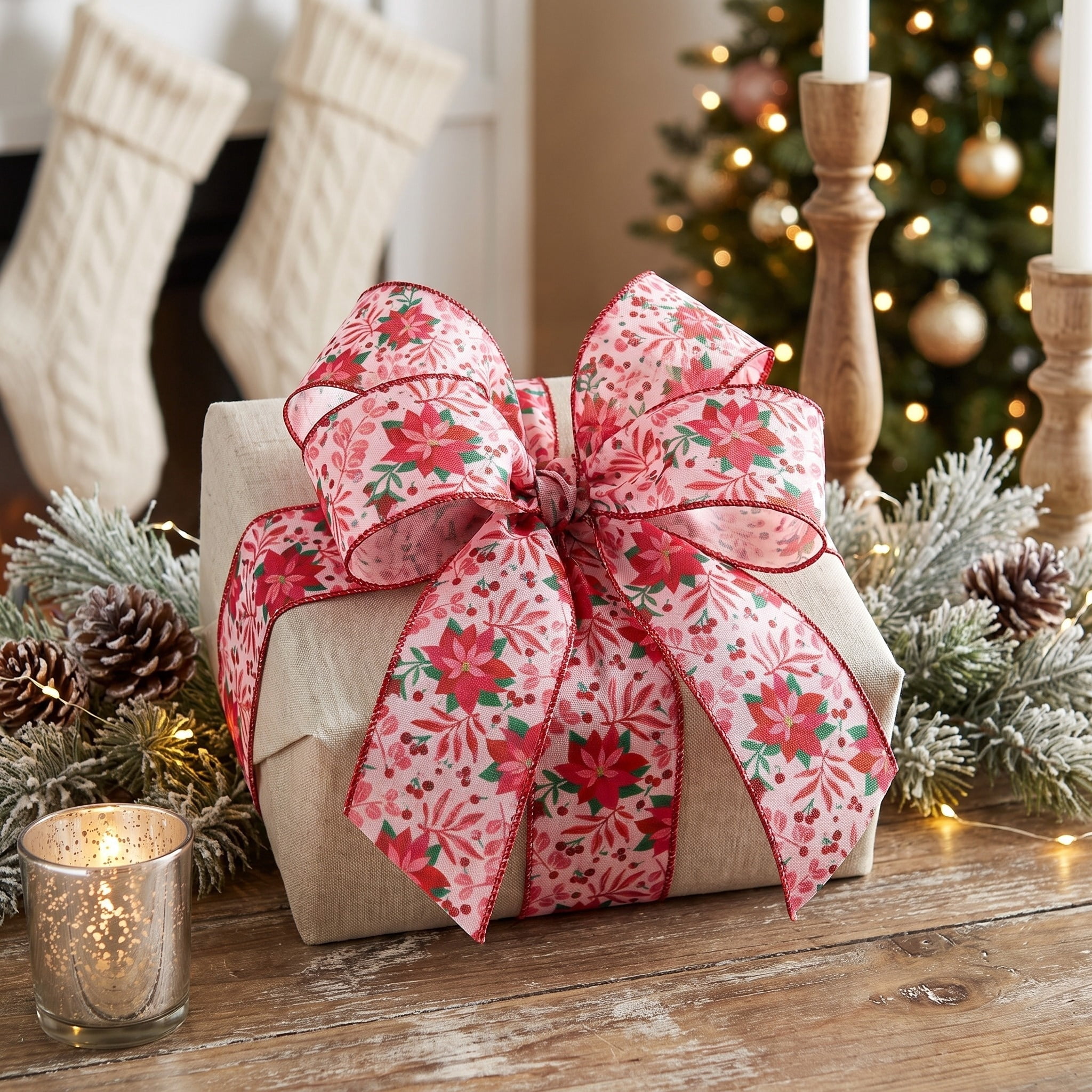 Red/Pink/Green Poinsettia Christmas Ribbon, 2.5" x 40', by Holiday Time