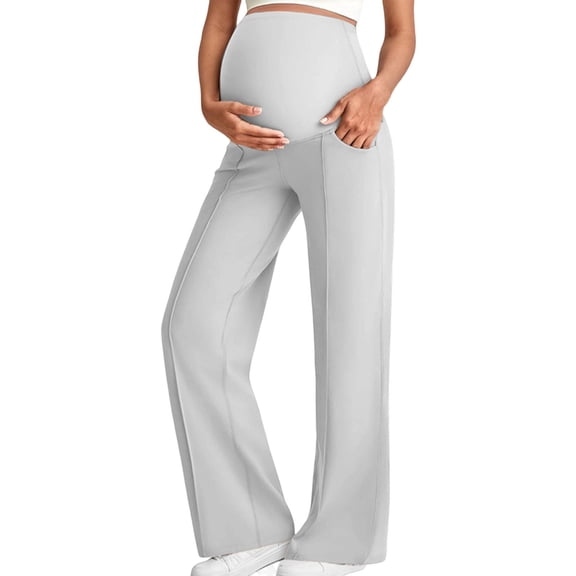 Amzcrzy Womens Maternity Pants Solid Color Elastic Waist Flared Leggings for Women with Pockets for Yoga Work and Casual Wear Straight-leg Pants