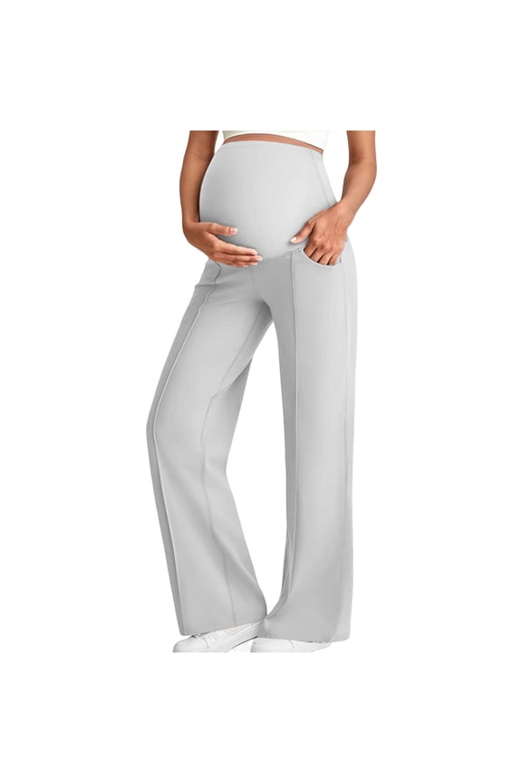 Womens Maternity Pants Solid Color Elastic Waist Flared Leggings for Women with Pockets for Yoga Work and Casual Wear Straight-leg Pants