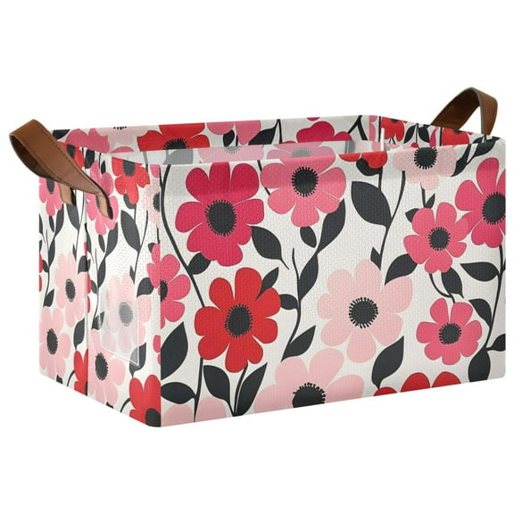 Yayeee Foldable Storage Basket for Shelves with Handles Waterproof Cloth Bins, Pink and Red Flowers