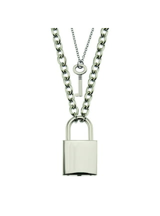 Mens Lock Necklace Padlock Pendant Partner Stainless Steel Curb Chain 10mm  24''