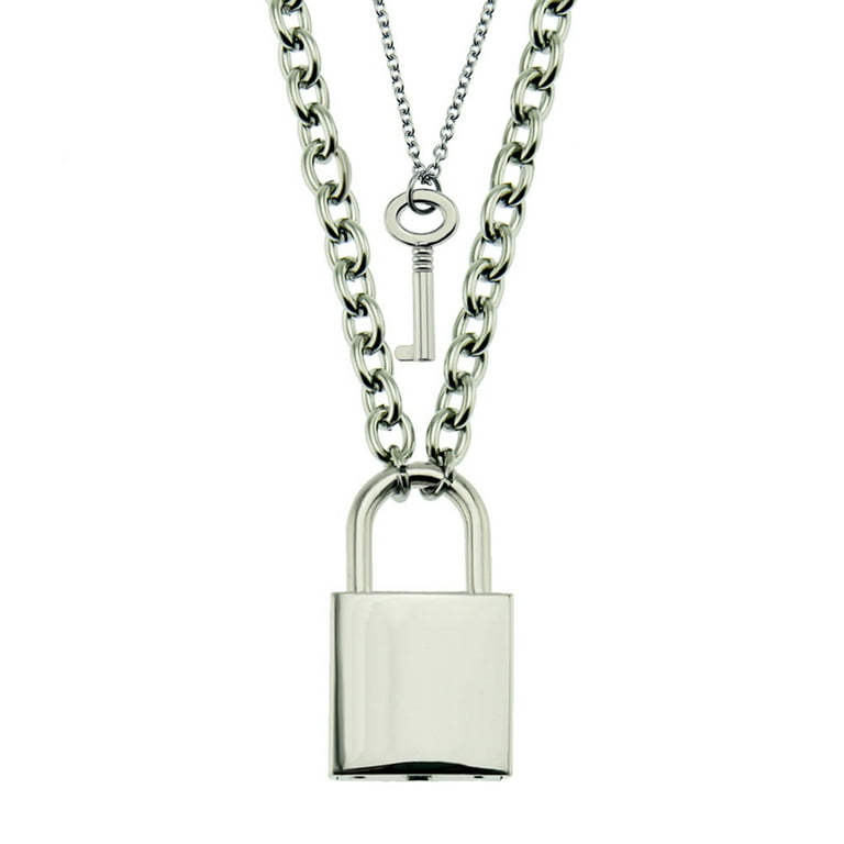 WREA Stainless Steel Chain Necklace Lock Key Pendant Necklace Couple Padlock  Necklace 