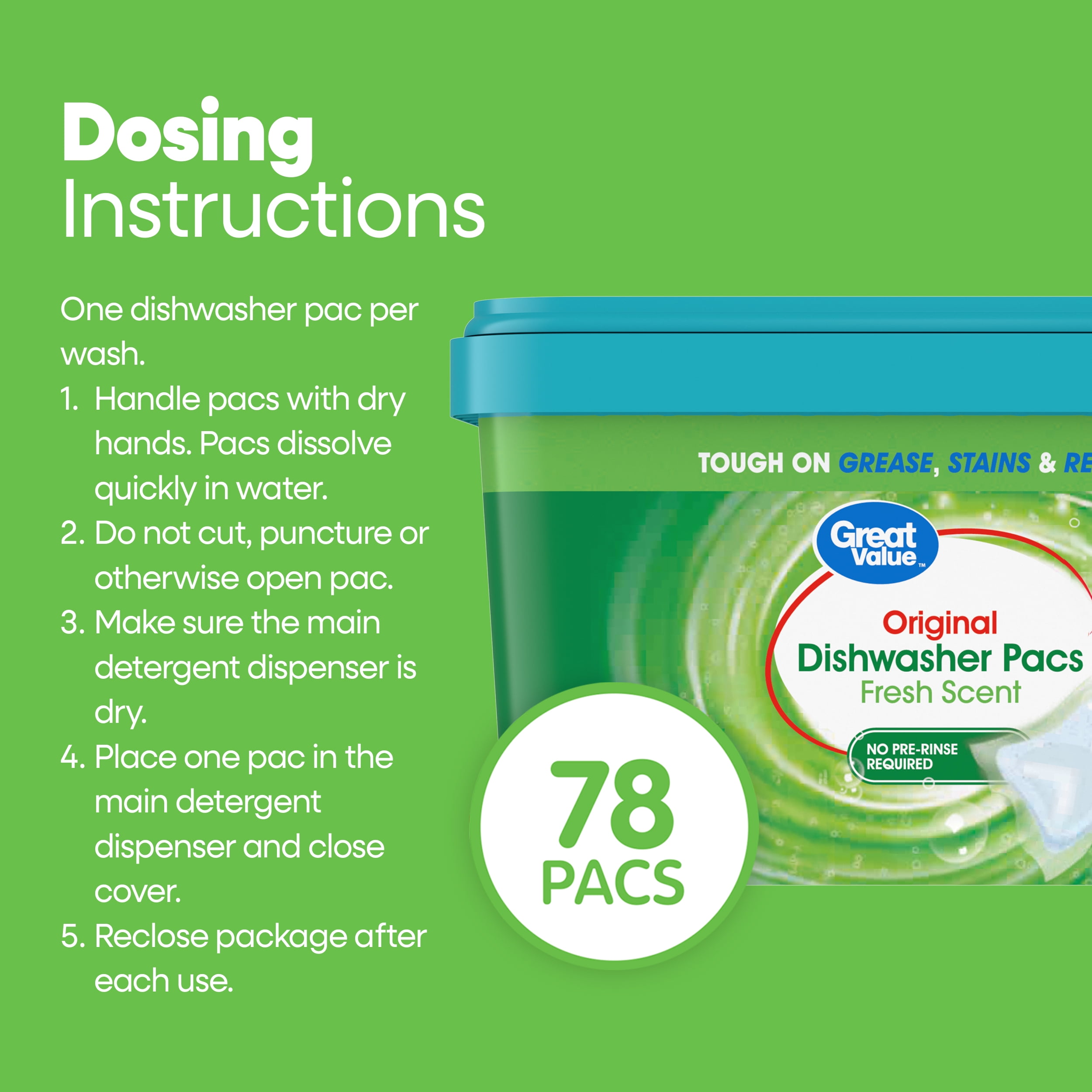 (4 pack) Great Value Automatic Dishwasher Pacs, Fresh Scent, 78 Count