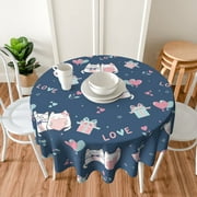 TEQUAN 60" Round Tablecloth, Kawaii Pastel Cats Pattern Washable Polyester Table Cloth, Waterproof Wrinkle Resistant Decorative Table Cover