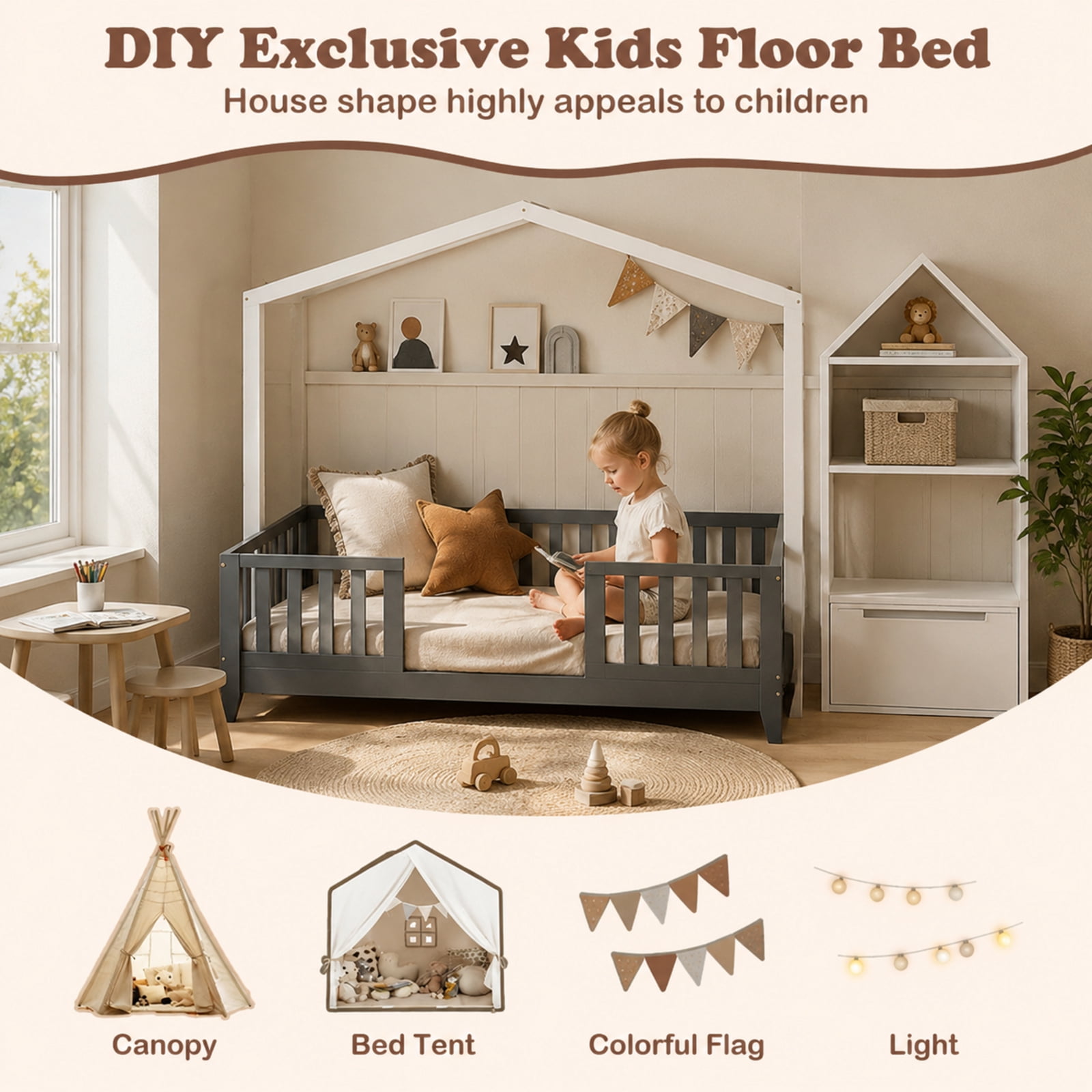 Furnibear Gray and White Twin Wood House Floor Bed Montessori Frame with 2 Shelves and High Guardrails, a Low Profile Twin Size Loft Bed and Full Size Bed Frame Alternative to a Queen Bed Frame