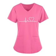 Bseka Nurse Tops Scrub Tops Women Working Uniform Prints Heart Pattern Nursing T-Shirts Short Sleeve Medical Uniform Tops V-Neck Tunic