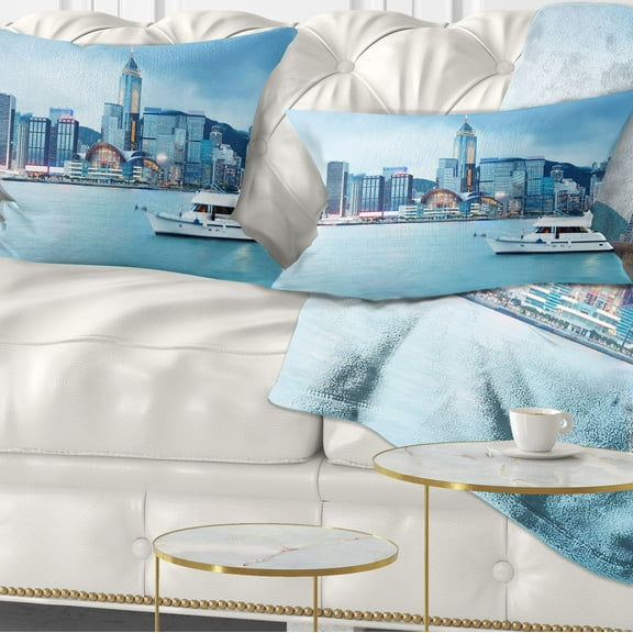 Designart Hong Kong City at Night - Cityscape Throw Pillow - 12x20