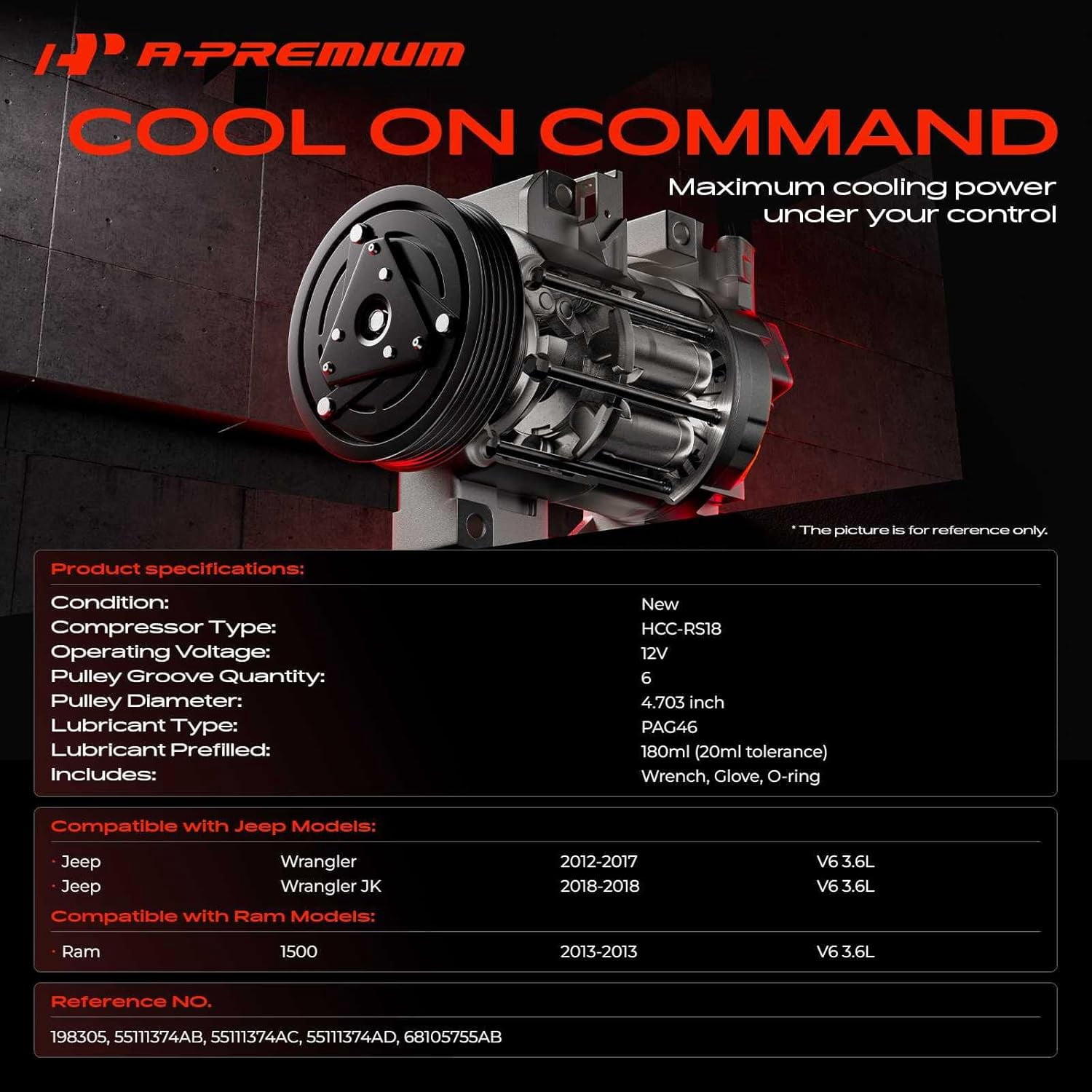 A-Premium Air Conditioner AC Compressor Compatible with Jeep Wrangler 2012-2017, Wrangler JK 2018 & Ram 1500 2013, 3.6L HCC-RS18 AC Compressor with Clutch