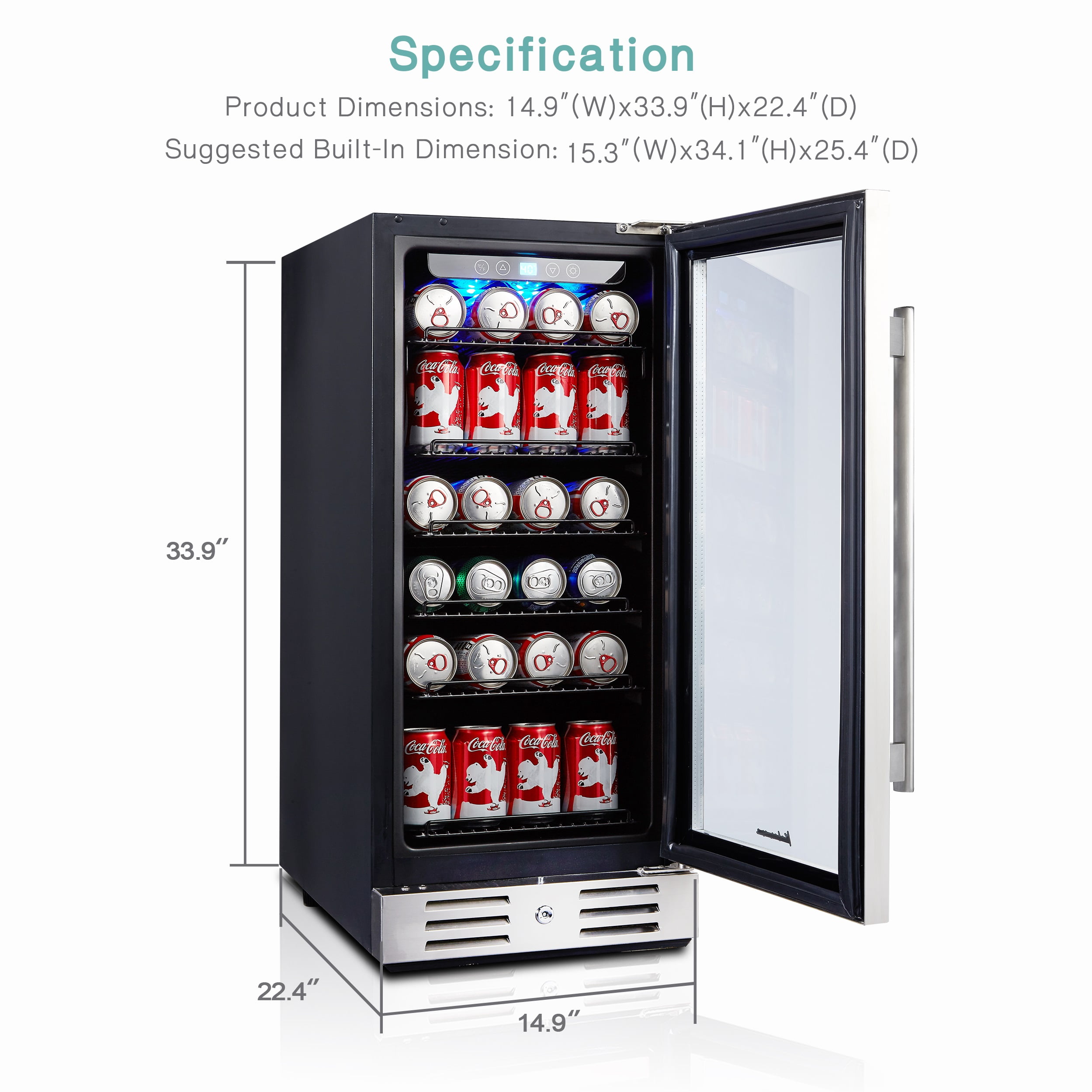 96 Cans Capacity Kalamera Beverage Cooler and Fridge Fit Perfectly into 15 inch Space Under Counter or Freestanding Water for Soda Beer or Wine For Kitchen or Bar with Blue Interior Light 