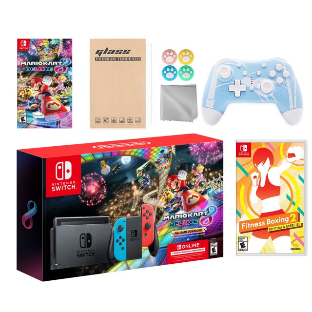 Nintendo Switch Mario Kart 8 Deluxe Bundle: Red/Blue Console, Mario Kart 8 & Membership, Fitness Boxing 2: Rhythm & Exercise, Mytrix Wireless Pro Controller Blue Bamboo and Accessories