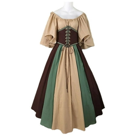 KAWELL Women s Plus Size Victorian Dress Flare Sleeve Off Shoulder Medieval Vintage Dresses with Corset Patchwork Ball Gown