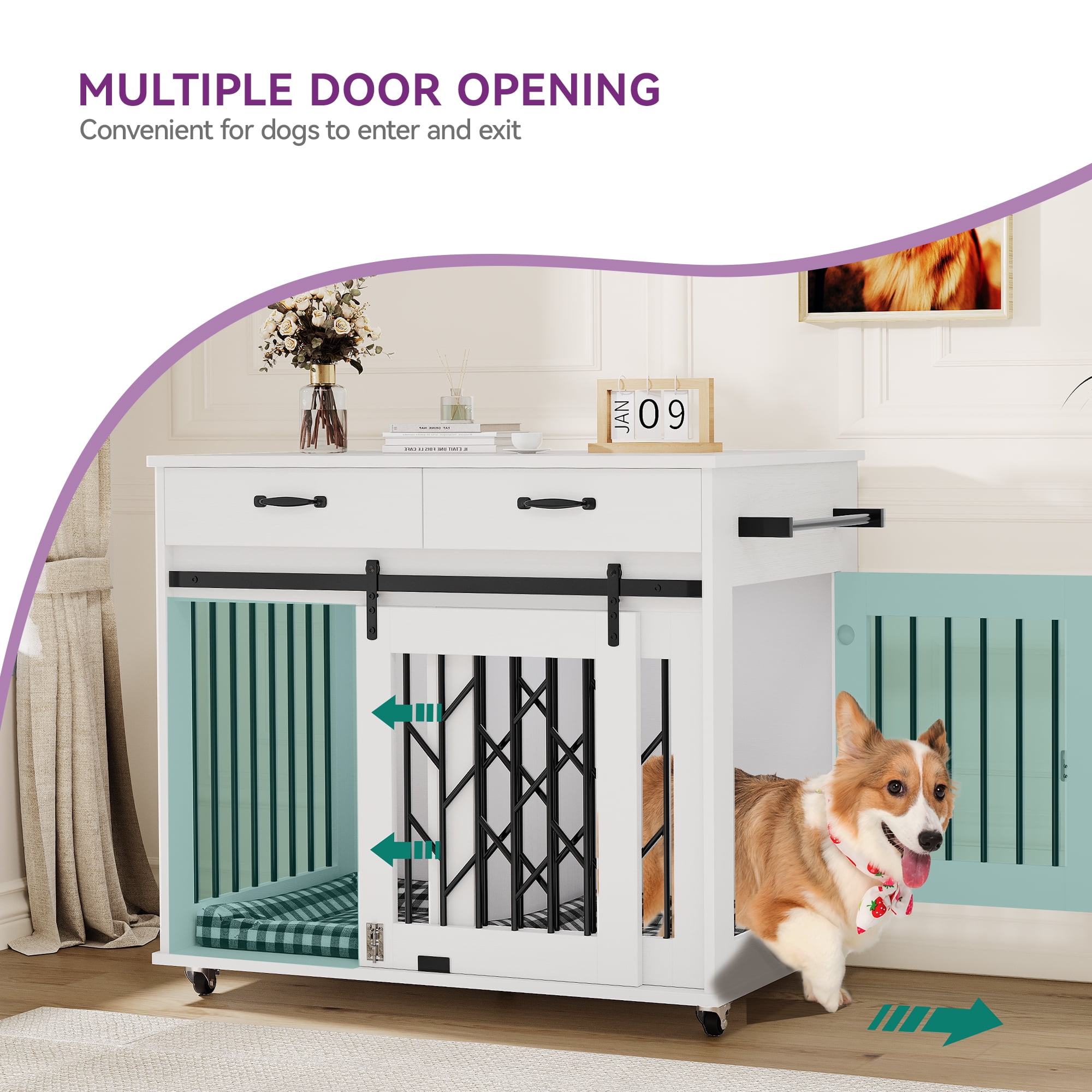 Uforic 39 inch Dog Crate Furniture End Table large Wooden Indoor Dog Kennel with Drawer & Wheels for Small to Medium,White