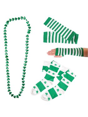 St Patrick Shamrock Arm Warmer Socks 3pc Women Accessory Set, Green, One-Size