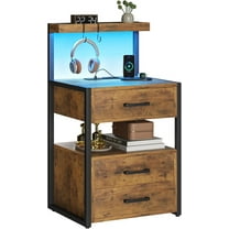 SAZYY Led Nightstand with Charging Station, 3 Drawers Night Stands with Led Lights, Black Bedside Tables with Storage Shelves, Modern End Side Tables for Bedroom, Office,Rustic Brown1 Pack