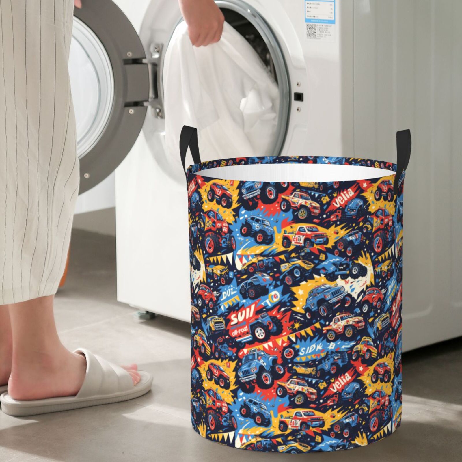 Large Laundry Basket with Handles - colorful off road racing car Kids Baby Dirty Clothes Laundry Hamper for Bedroom Aesthetic