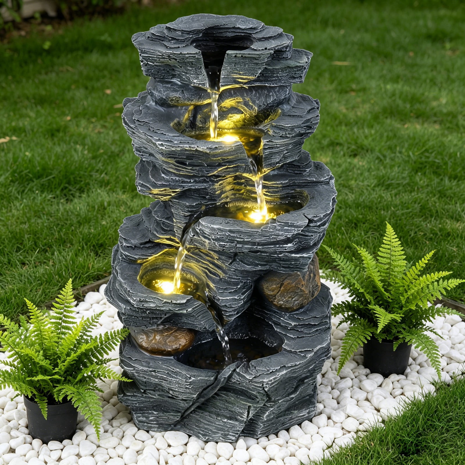 DRAZUNO 18" H Outdoor Water Fountain 5-Tier Tabletop Cascading Rock Waterfall Feature