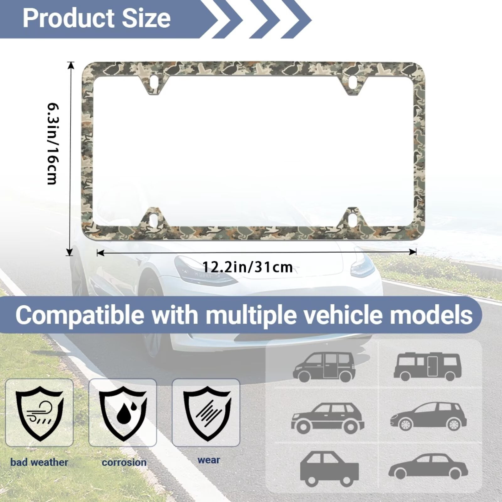 Jeiento Car License Plates Frame for Women Men, Car Tag with Screw Caps, Duck Camo Hunting Automobile Accessories Applicable to Standard US License, 2 Pack