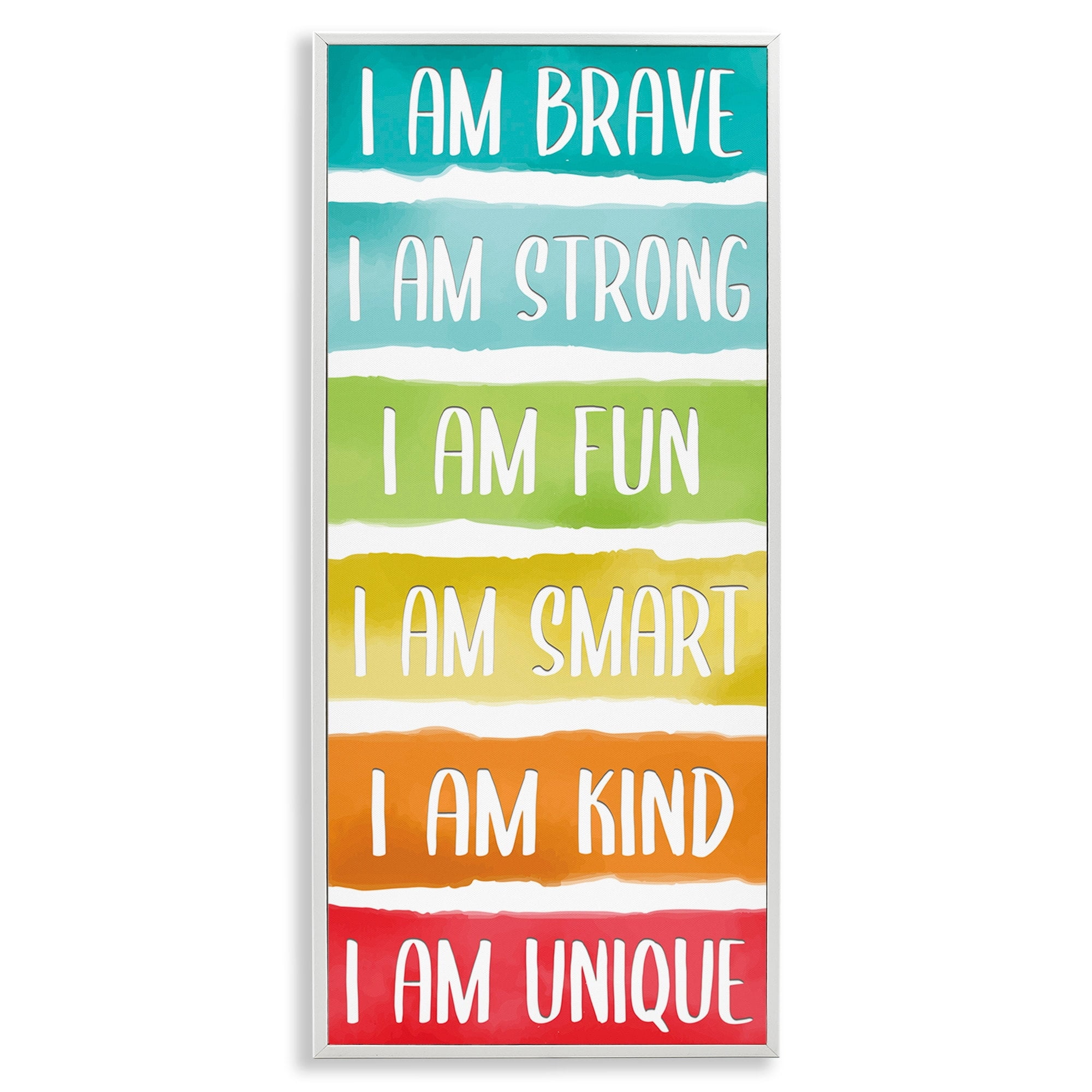 Stupell Industries I'm Brave Strong Fun Inspirational Phrases Rainbow Stripes Inspirational Painting White Framed Art Print Wall Art, 10 x 24