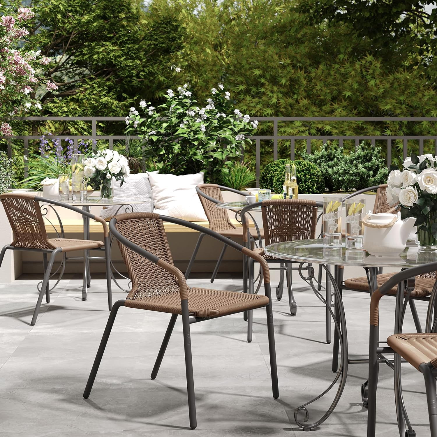 UDPATIO Rattan Outdoor Dining Chairs Set of 6, Wicker Stackable Patio Chairs, for Indoor Restaurant Porch Deck, Brown