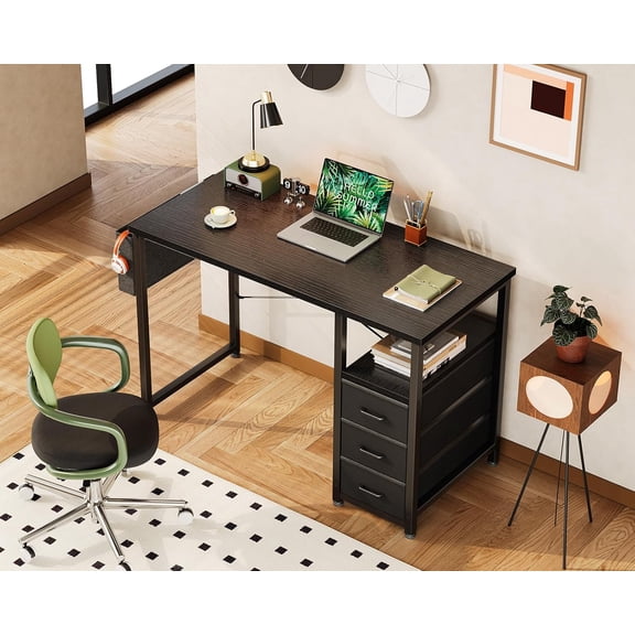 40-Inch Small Computer Desk with Fabric Drawers, Kids Girls Teen Study Writing Desk for Bedroom, Home Office Desk with Storage Shelf & Bag for Small Space, Black