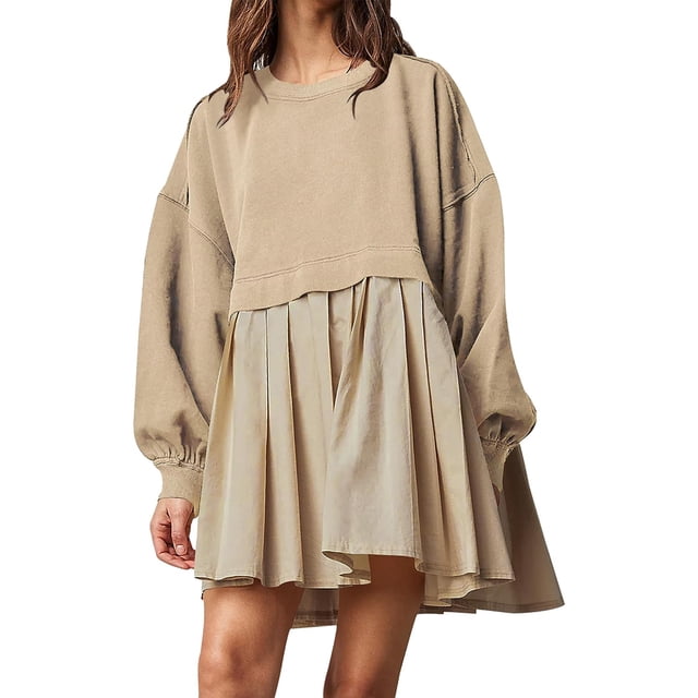 xiaxaixu Robe Chandail en Molleton Surdimensionnée pour Femmes Patchwork Manches Longues Col Rond Robe Mini Ample Pull Tops