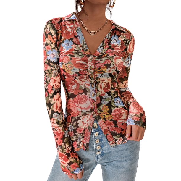 Blusa de Malla Floral para Mujer PRETTYGARDEN 2025 XXL