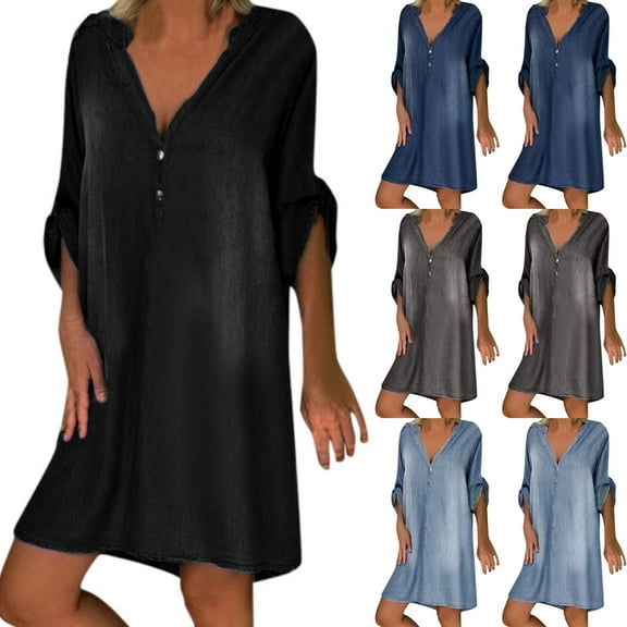 Elainilye Fashion Long Dresses for Women Casual V-Neck Solid Dresses Summer Short Sleeve Pullover Dress,Gray