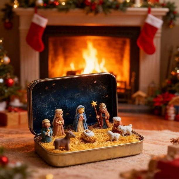 Mini belén navideño en caja de hojalata | Figuras de la Sagrada Familia de bolsillo | Decoración religiosa de resina pintada a mano | Tamaño compacto para viaje | Regalo navideño para familias y