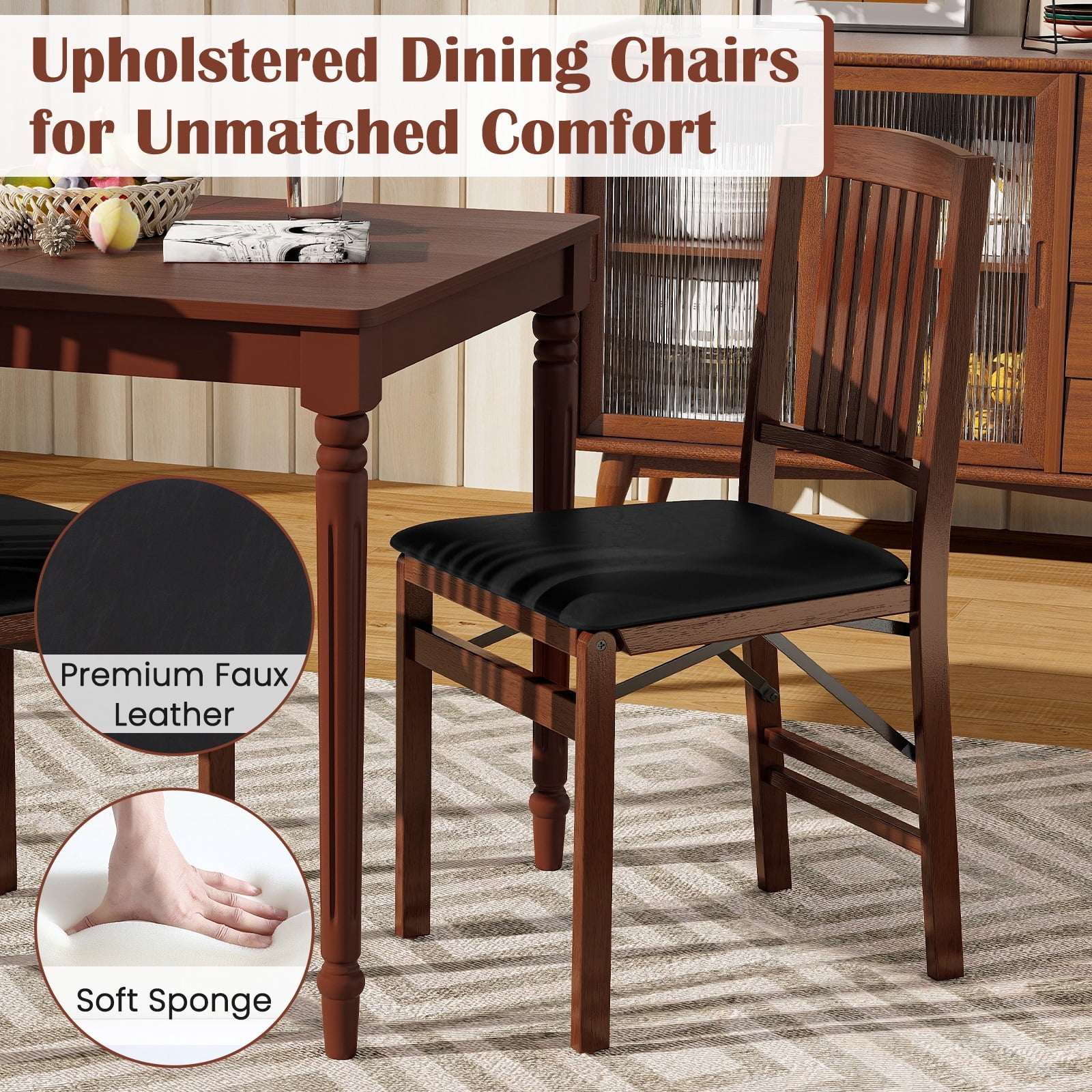 Gymax Folding Dining Chairs Set of 2 w/Padded Seat Rubber Wood Frame for Dining Room
