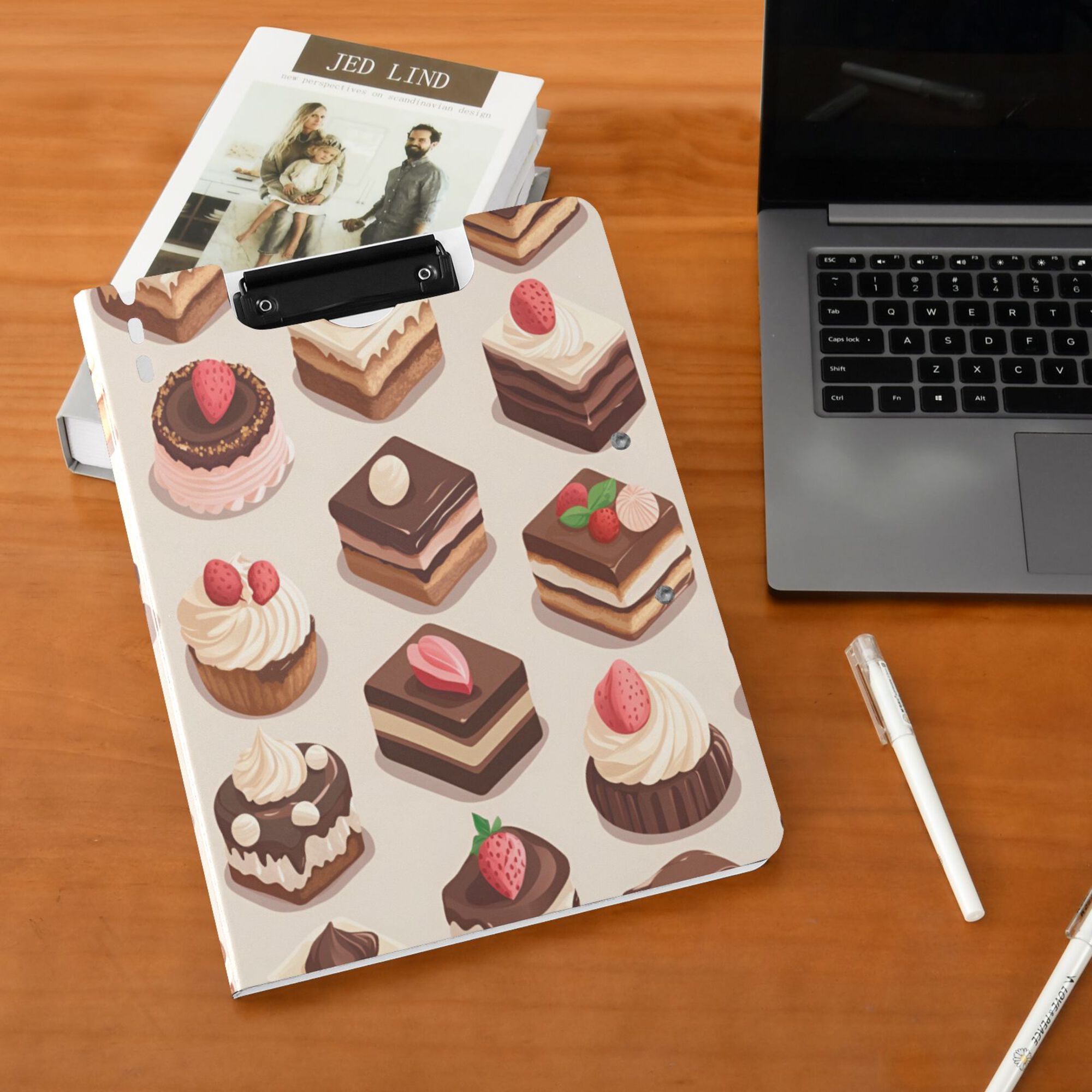 FORMRS A4 Clipboard Folder with Pen Holder Horizontal Foldable School Office Binder, Cute Chocolate Cakes