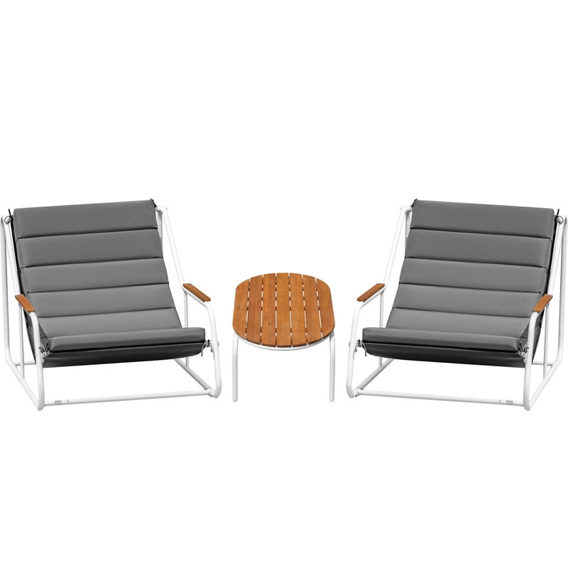 Vineego 3-Piece Patio Furniture Set with Acacia Wood Table,Modern Outdoor Lounge Chairs,All-Weather Steel Conversation Set for Backyard, Poolside, Balcony, Gray