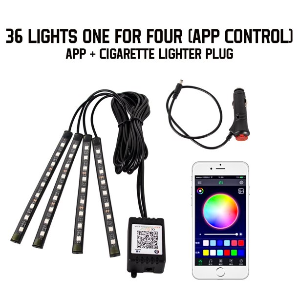 Luz LED neón para Interior de coche, Lámpara decorativa de ambiente con aplicación de música remota inalámbrica USB, 36, 48 y 72 LED