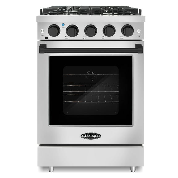 24 in. 3.73 cu. ft. Gas Range, 4 Sealed Burners, Convection Oven, Stainless Steel, Matte Black Handle Knob Kit