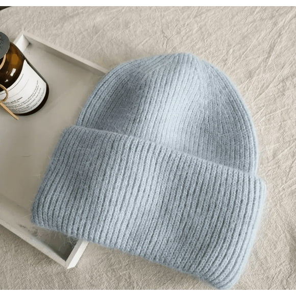 ShenMo Winter Angora Rabbit Warm Woven Solid Hat Casual Ladies Beanie Hats Men and Women Sandals One Size(Blue)