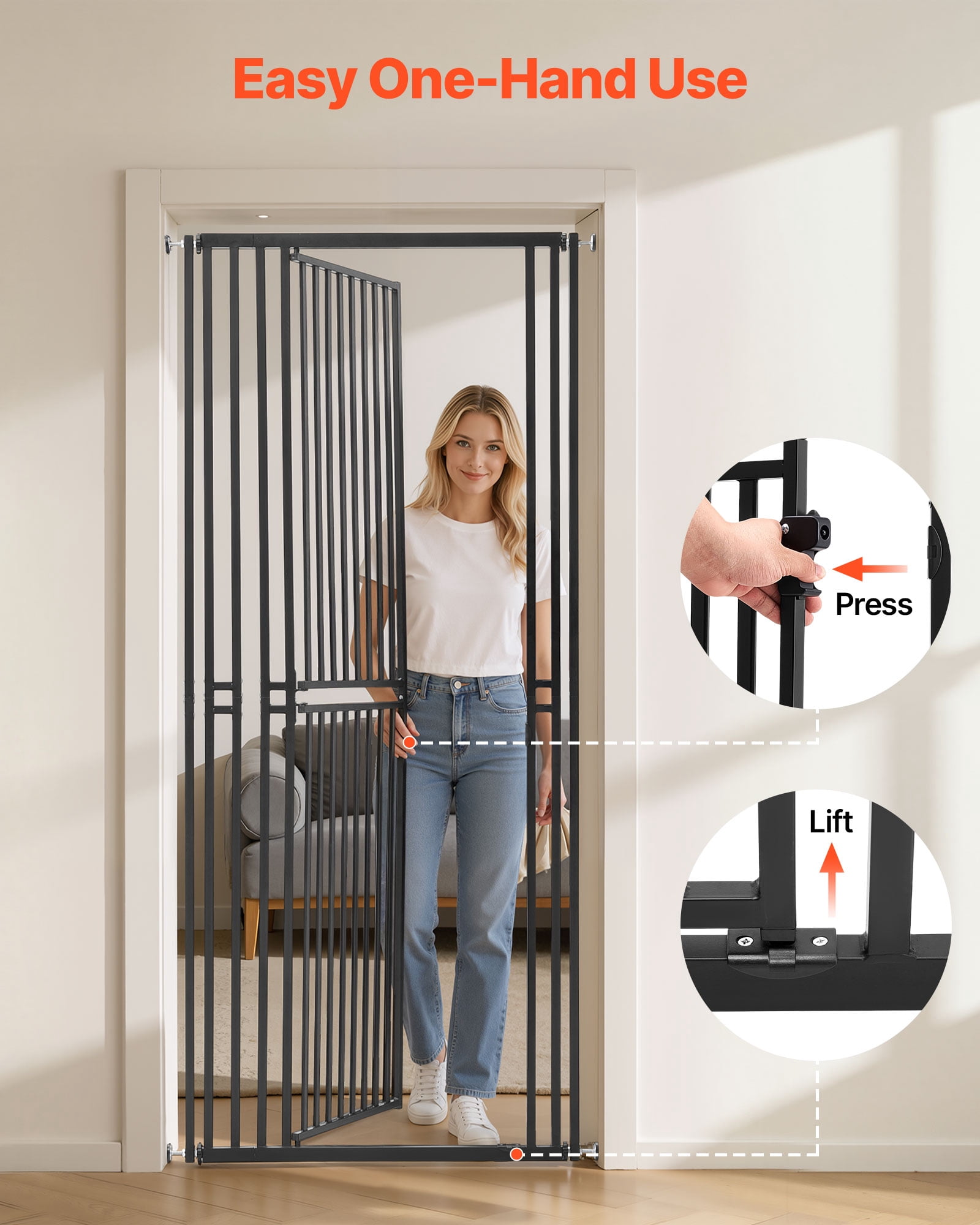 VEVOR Extra Tall Pet Gate for Cats, 28-34 in Adjustable Width, 78.7 in High Dog Gate, with Pressure Mount Kit and Wall Mount Kit, 1.2 in Narrow Bar Spacing, for Stairs, Doorways, and House, White