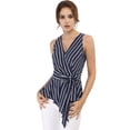 thumbnail image 1 of Blusa Top A Rayas Con Lazo En La Cintura Cuello En V Sin Mangas Para Mujeres Azul XL, 1 of 6