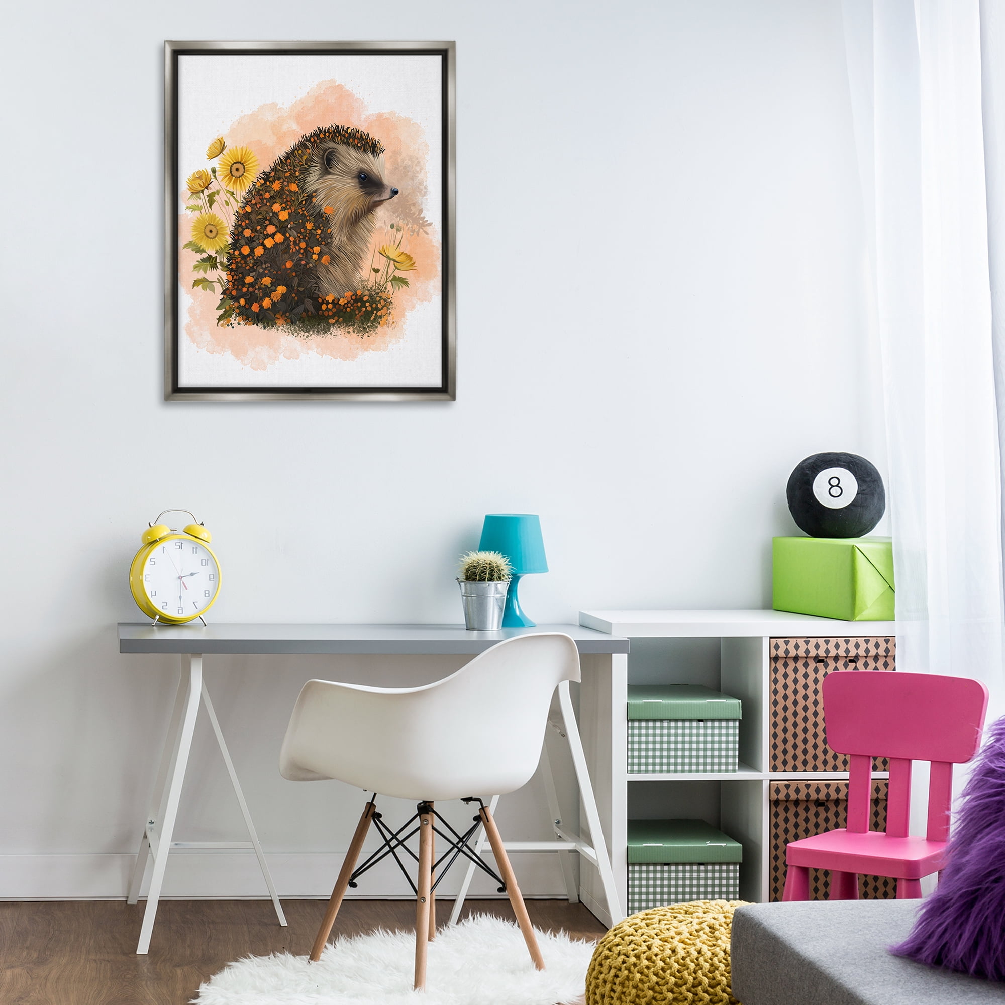 Stupell Industries Wildflower Patterned Hedgehog Animals & Insects Painting Gray Floater Framed Canvas Art Print Wall Art, 25 x 31