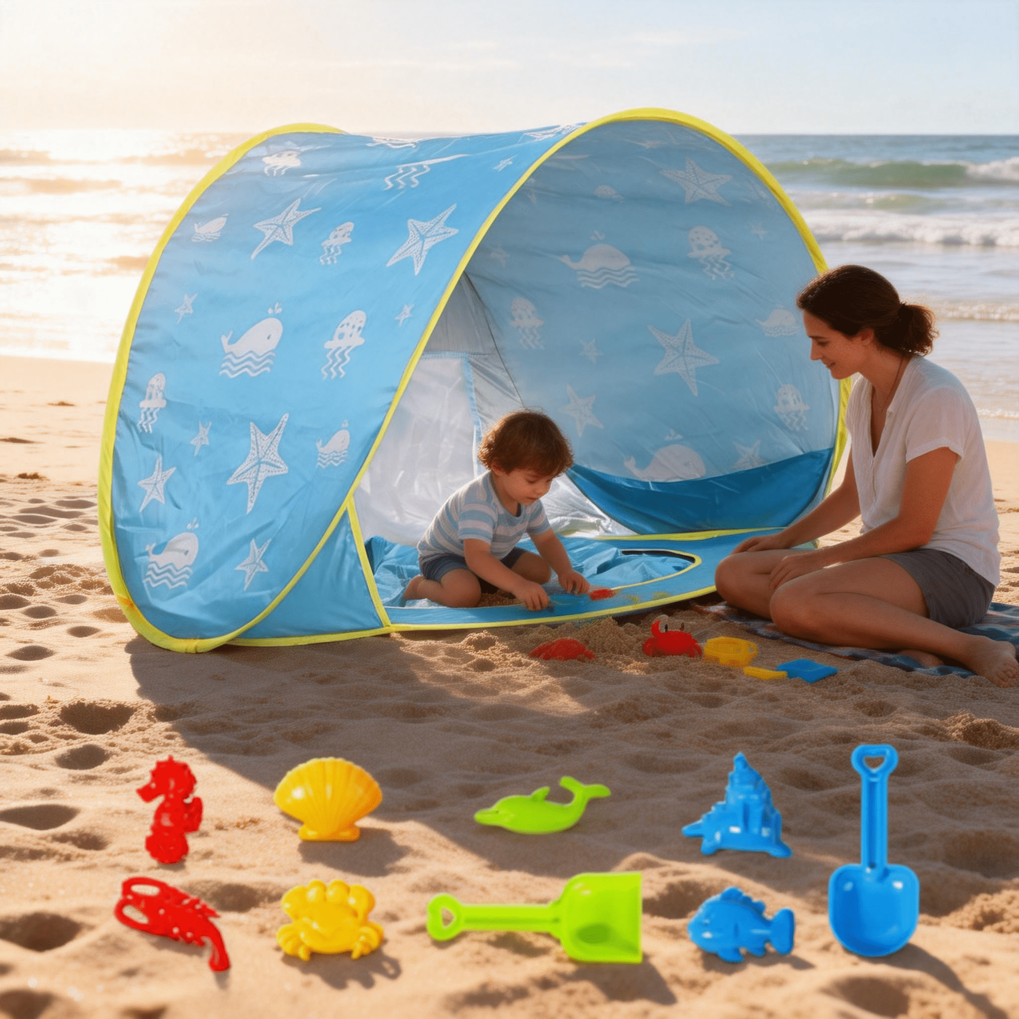 PigPigPen Pop Up Sun Shelter for Baby: Beach Tent with UV Protection & Waterproof Cabana - Infant Pool Shade Umbrella（Equipped with beach toys）