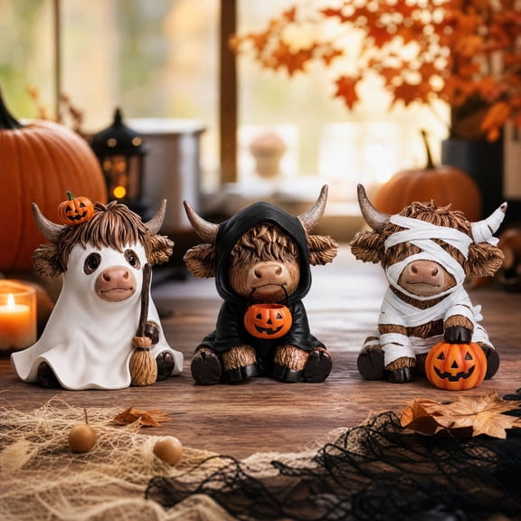 3 PCS Highland Cow Figurines, Halloween Resin Highland Cow Statue Farmhouse Christmas Desktop Decorations, Calf Lovers Creative Xmas Decorations, Garden Kitchen Mantle Display Gift