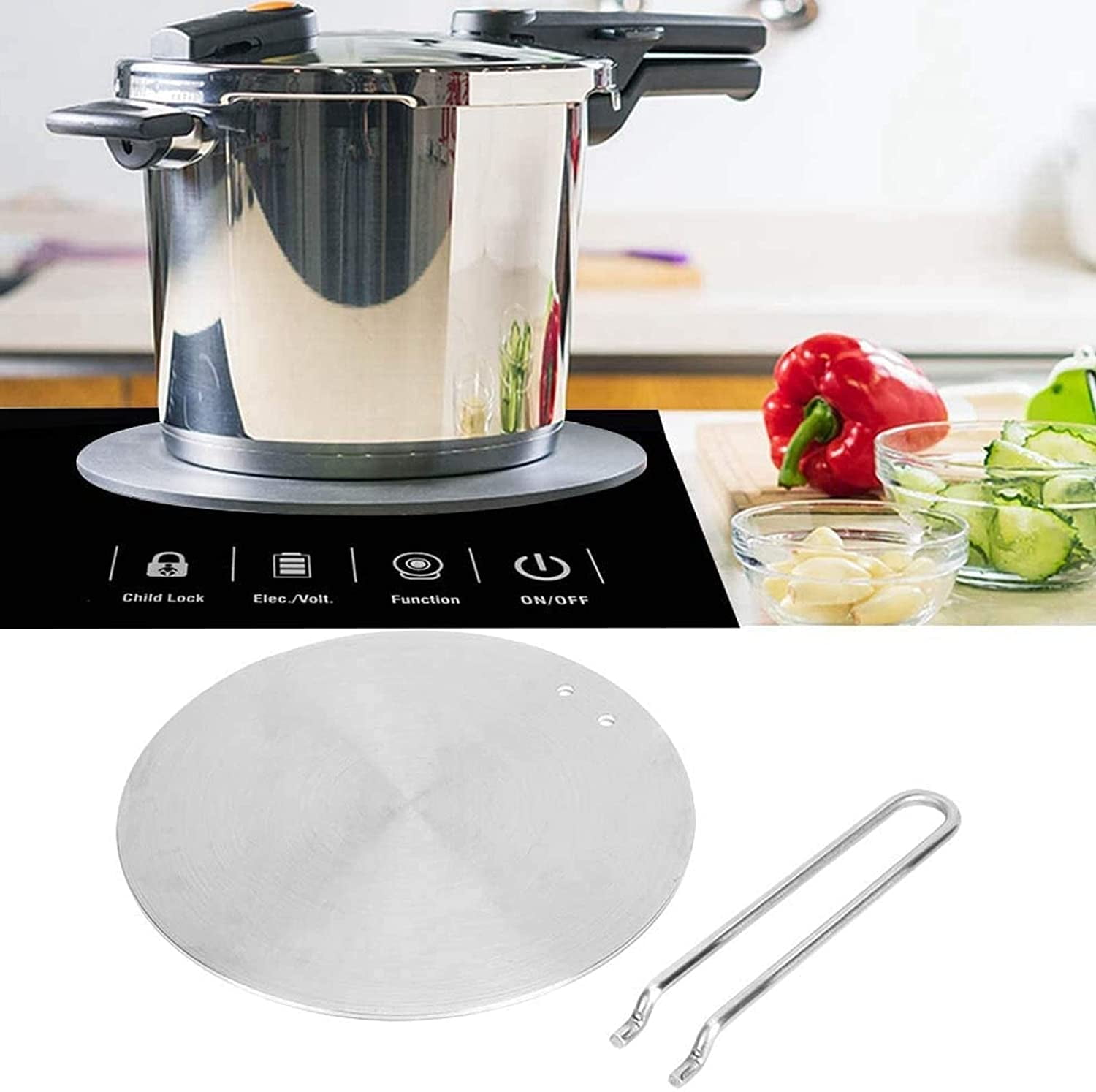 ABCISI Induction Converter Heat Diffuser Simmer Ring Plate,Stainless Steel Heat Diffuser Induction Plate with Stainless Handle Adapter Converter Gas Electric Cooker Plate (22cm)