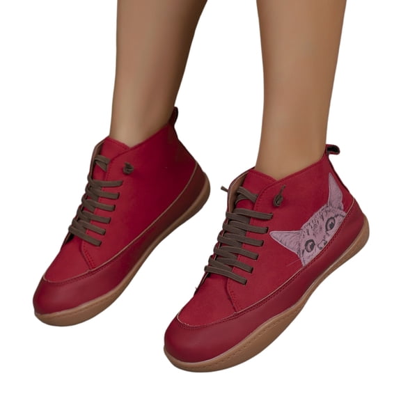Women's High-Top Lace-Up Sneakers, Round Toe Flat Casual Shoes with Cat Design