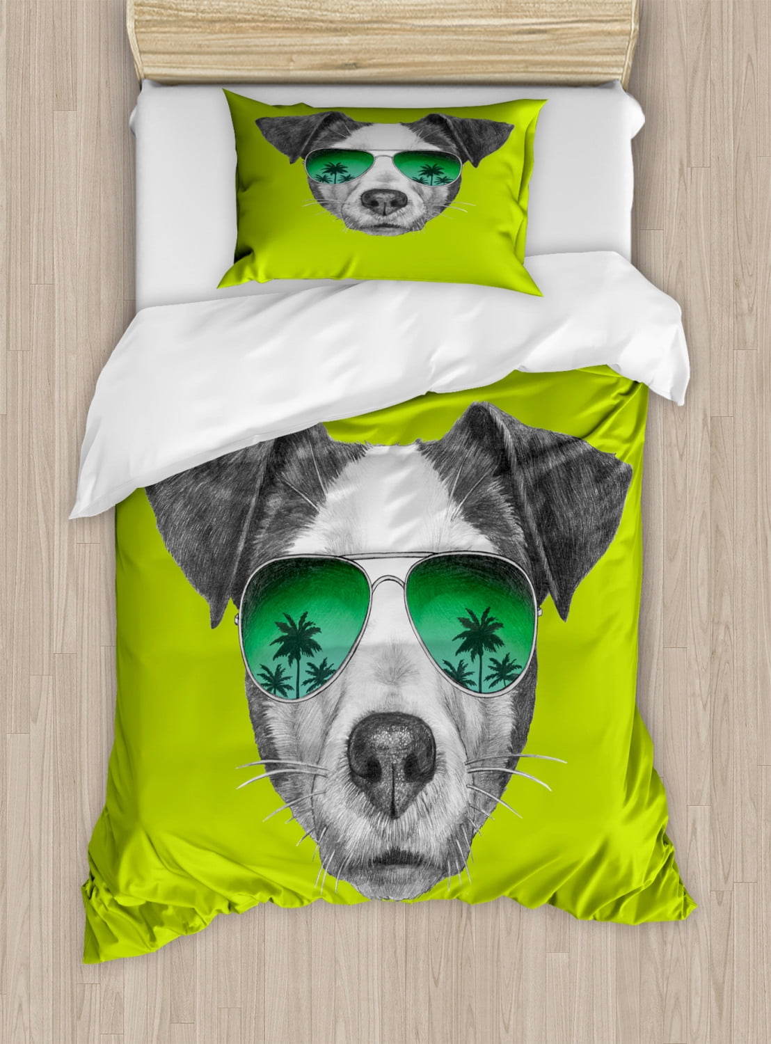Jack Russell Duvet Cover Set, Greyscale Dog with Glasses and Tropical