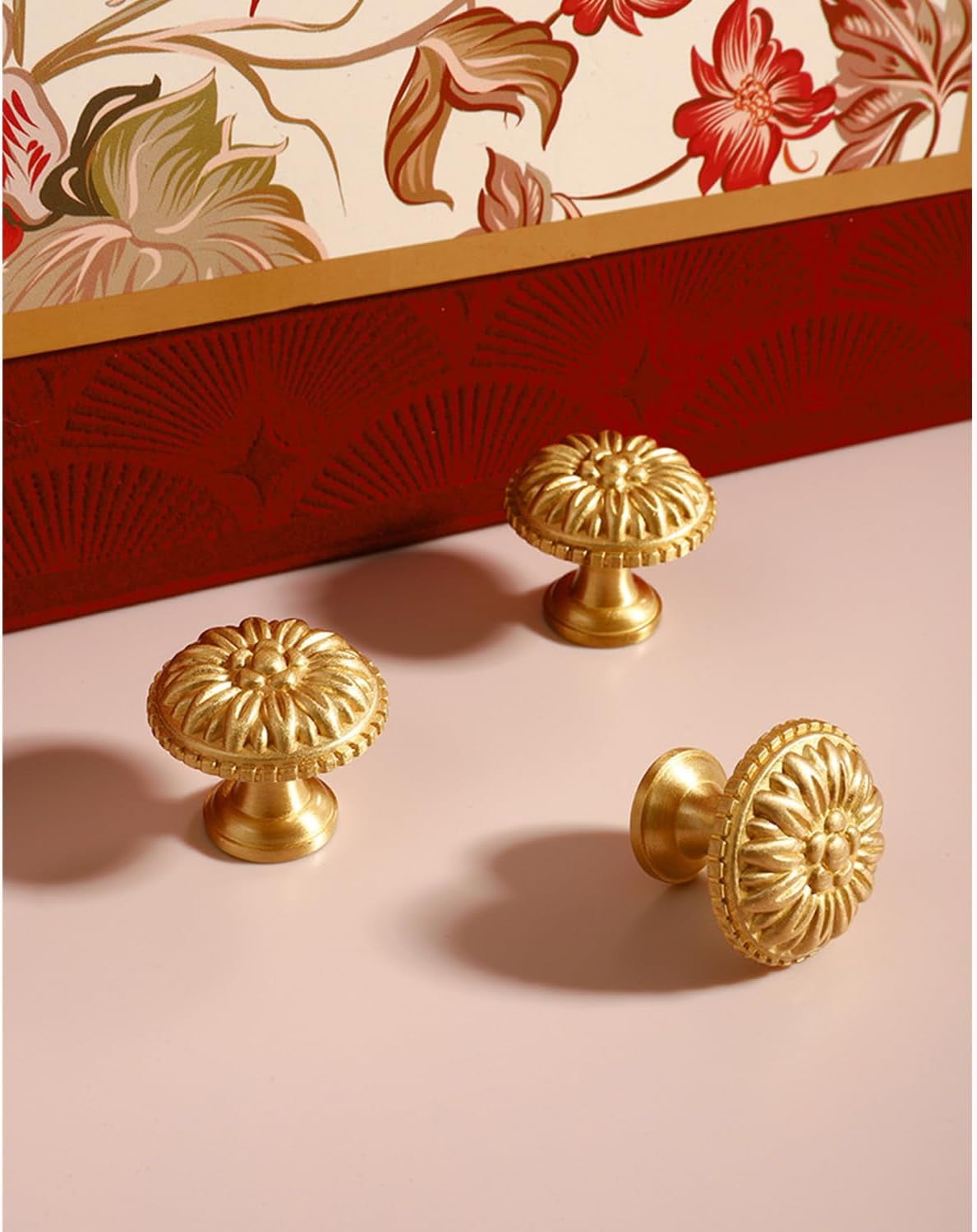 CATPAN 4PCS Gold Brass Drawer Knobs, Solid Copper Gold Brass Cabinet Knobs Decorative Knob Vintage Antique Flower Round Brushed Gold Solid Copper Drawer Cabinet Dresser Knob Pull Handle