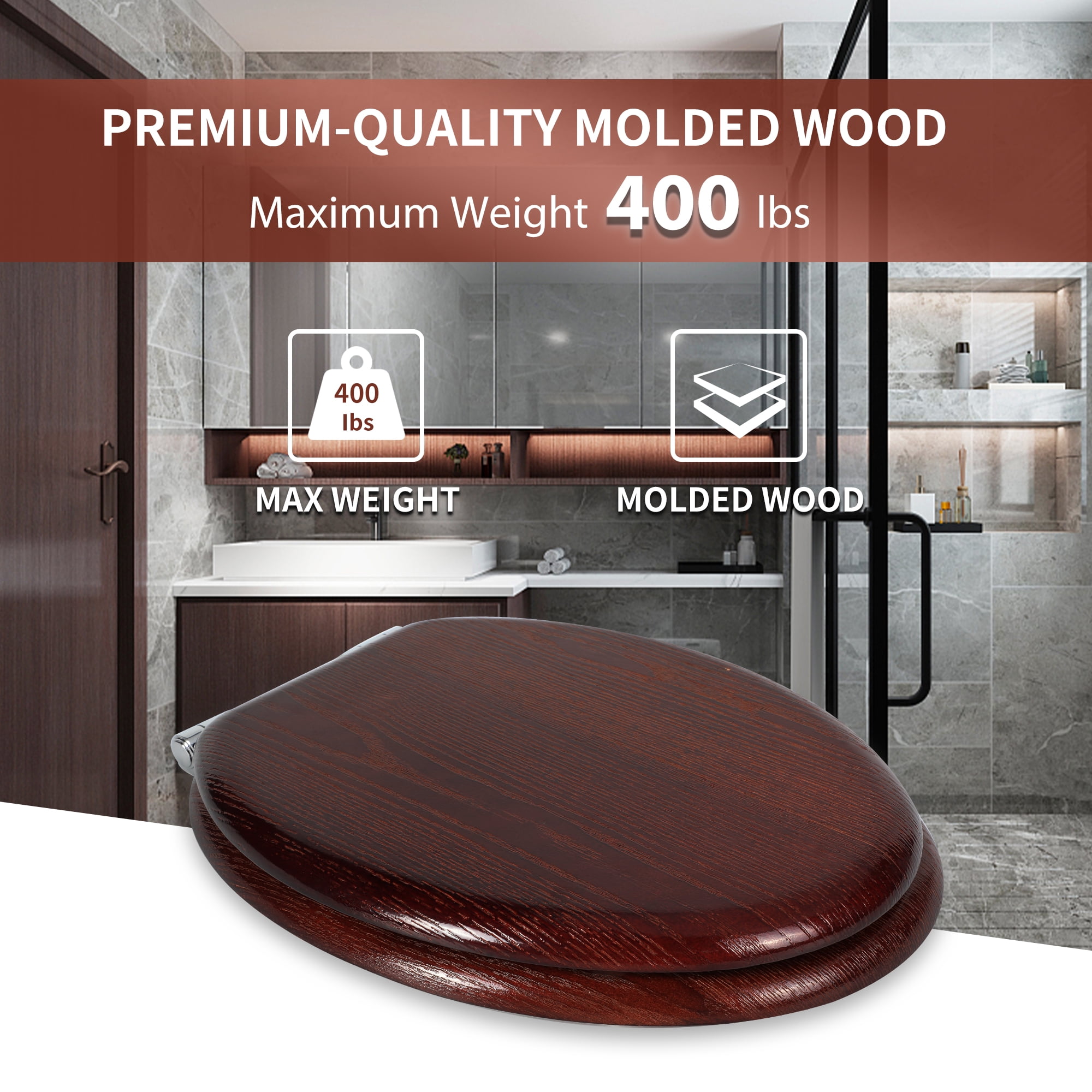 Angol Shiold Wood Elongated Toilet Seat with Quiet Close, Easy Clean, Quick-Release Metal Hinges ( Elongated 18.5'', Dark Walnut )