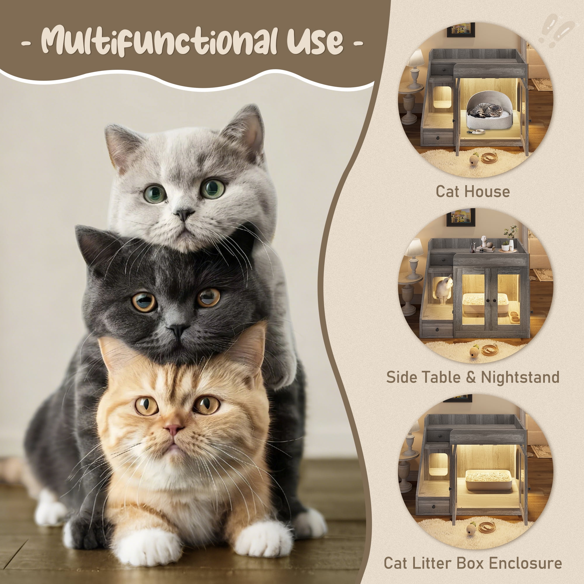 Aukfa Cat Litter Box Enclosure with LED Light and 2 Storage Drawers for Living Room,Gray